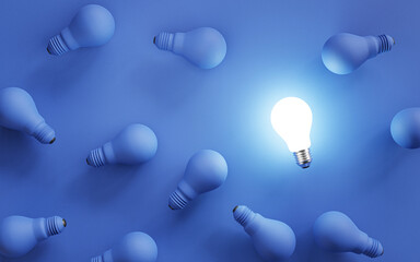 Fototapete - Glowing lamp among shutdown blue lightbulb for smart thinking and creative problem solving concept by 3d render illustration.