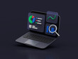 Simple web report with magnifying glass in laptop 3d render illustration.