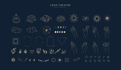 Logo design creator with different frames, floral elements and hand gestures. Magic objects in a minimalistic linear style elements set isolated on background. Vector minimal trendy