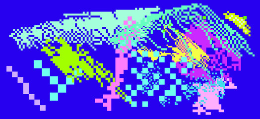 Aufkleber - Trendy vaporwave background with pixel art chaotic composition. Concept of a glitchy computer screen.