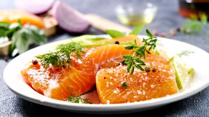 Wall Mural - preparation of salmon fillet with herbs