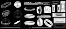 A Set Of Retro-futuristic Design Elements. An Abstract Set Of 3d Figures, Wireframes, Cyberpunk In The Style Of The 80s, Windows And Perspective Grid.  Items Suitable For Decoration Cover, Poster.