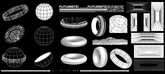 A set of retro-futuristic design elements. An abstract set of 3d figures, wireframes, cyberpunk in the style of the 80s, windows and perspective grid.  Items suitable for decoration cover, poster.