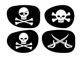 pirate eye patch and skull with crossbones and cross cutlass vector illustration set. simple black s