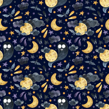 Halloween Seamless Pattern. Dark Background. Hand Drawn Watercolor Ornament With Ghosts, Bats, Full Moon, Clouds And So On For Wrapping Paper, Fabrics, Design, Decorations.