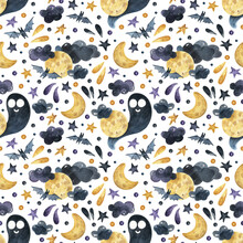 Halloween Seamless Pattern. Light Background. Hand Drawn Watercolor Ornament With Ghosts, Bats, Full Moon, Clouds And So On For Wrapping Paper, Fabrics, Design, Decorations.