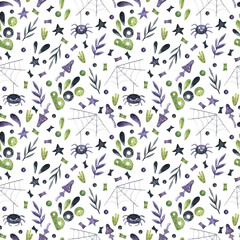  Watercolor seamless pattern on a Halloween theme. Bright background. Hand drawn ornament with spiders, cobwebs, leaves, stars and confetti for wrapping paper, fabrics, designs, decorations and more.