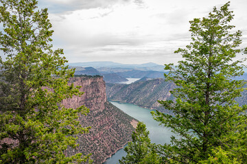 Ponderosa pine tree framing view from Canyon Rim Campground in Flaming Gorge Utah National Park of Green River high angle aerial overlook in evening sunset and nobody