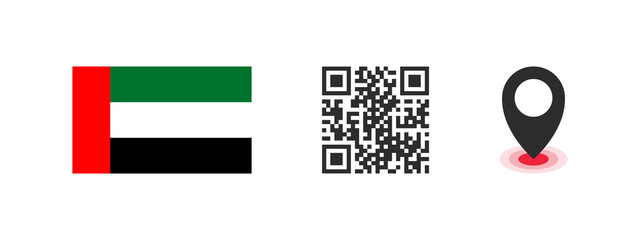 Wall Mural - UAE flag. Flag of the country, QR code with location pointer. Vector images