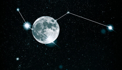 Wall Mural - long panoramic view of dark space with starry sky, full moon as background, art collage