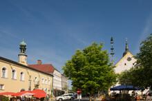 The Town Square Of The Town Viechtach With May Pole In Lower Bavaria, Germany On A Bright Sunny Summer Day