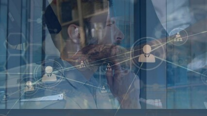 Poster - Animation of network of connections over caucasian businessmen