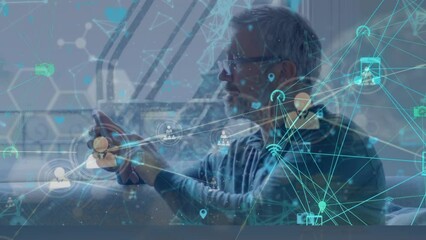 Poster - Animation of network of connections over caucasian businessman