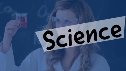 Poster - Animation of science text over caucasian female scientist in lab