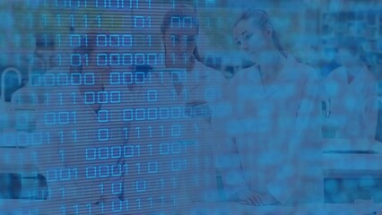 Poster - animation of data processing over caucasian scientists talking in lab
