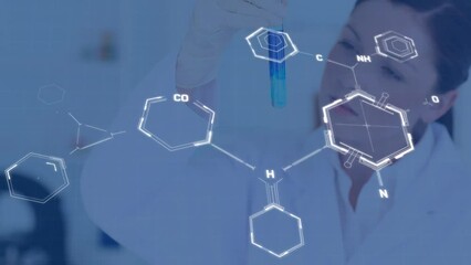 Poster - Animation of data processing over caucasian female scientist in lab