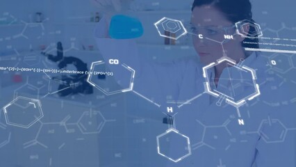 Poster - Animation of data processing over caucasian female scientist in lab