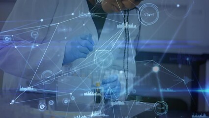 Poster - Animation of data processing over african american female doctor with test tube