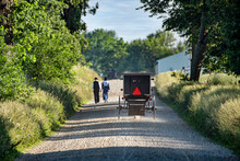 Amish Buggy On Gravel Road With Couple Walking