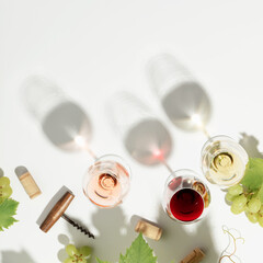 Canvas Print - Wine composition with beautiful sunlight and shadows on white background. Top view, flat lay