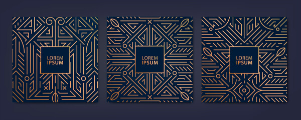 Vector set of luxury cover templates, square line art deco patterns. Design elements for placards, banners, flyers, presentations and cards.