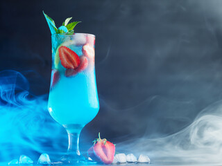 Wall Mural - strawberry summer cocktail with blue liqueur , smoky background with blue backlight