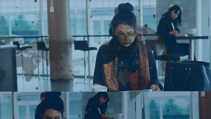 Poster - Animation of world map and dots over caucasian woman drinking coffee and using smartphone