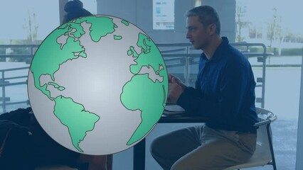 Poster - Animation of globe over caucasian woman and man eating lunch together