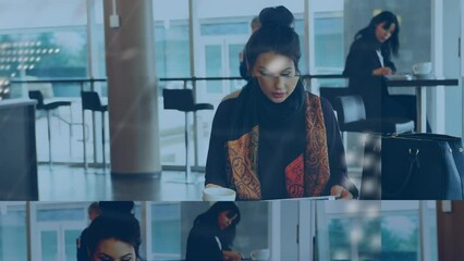 Poster - Animation of world map and data over caucasian woman drinking coffee and using smartphone