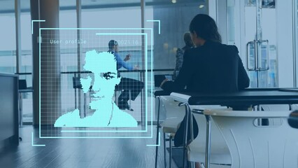 Poster - Animation of user photos over back view of caucasian woman working on laptop