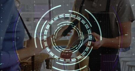 Poster - Animation of processing circle over hands of caucasian people using payment terminal