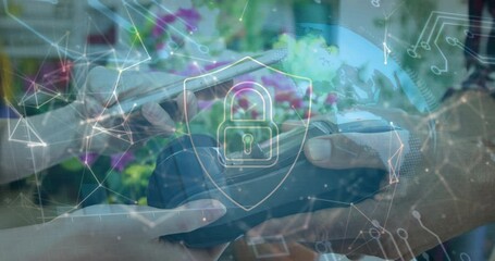 Poster - Animation of digital shield with padlock over hands of caucasian people using payment terminal
