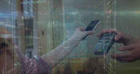 Poster - Animation of padlock icon and cyberattack warning over diverse people paying with smartphone