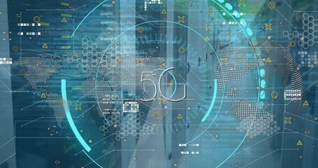 Poster - Animation of scope scanning with 5g over data processing with globe and server room