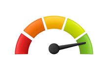 Speedometer Icon. 3D Meter With Arrow For Dashboard With Green, Yellow, Red Indicators. Gauge Of Tachometer. Low, Medium, High And Risk Levels. Scale Score Of Speed, Performance And Rating. Vector