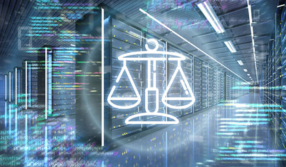 Poster - justice icon in a server room data center - 3d rendering