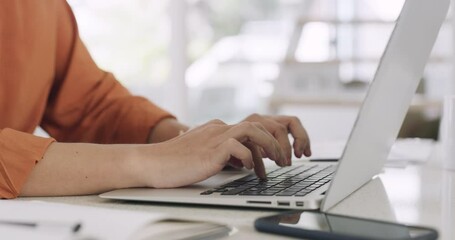 Poster - Closeup hands and fingers of a business woman working on a laptop in her office. Female entrepreneur typing on her computer. The success of a small business startup takes hard work and dedication