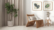 Modern living room in white tones. Close up. Rattan armchair with pillows, curtains, pictures and potted plant. Parquet floor and plaster walls. Retro interior design