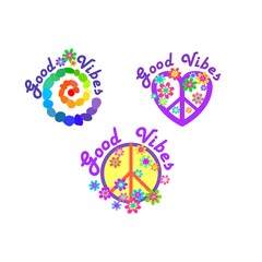 Wall Mural - Print variation for girl tee, t shirt design, poster and sticker with Hippy peace symbol, flower-power, colorful pebbles spiral and 70s or 60s Retro Hippie Good Vibes slogan