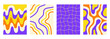 © Elena - Retro set wavy abstract vertical backgrounds in style hippie 60s, 70s. Trendy collection groovy distorted checkered and waves templates. Yellow, orange and purple colors. Vector illustration