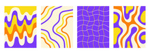Retro Set Wavy Abstract Vertical Backgrounds In Style Hippie 60s, 70s. Trendy Collection Groovy Distorted Checkered And Waves Templates. Yellow, Orange And Purple Colors. Vector Illustration