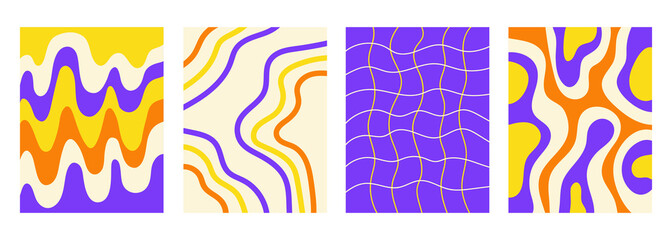 Wall Mural - Retro set wavy abstract vertical backgrounds in style hippie 60s, 70s. Trendy collection groovy distorted checkered and waves templates. Yellow, orange and purple colors. Vector illustration