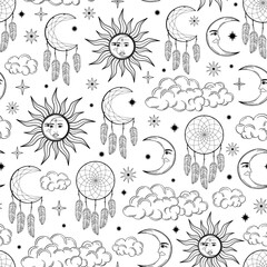 hand drawn seamless pattern of sun, moon, dreamcatcher, feather, star, cloud. celestial space vector