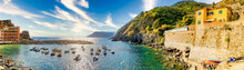 Panoramic View Of Vernazza Fishing Village At Sunset, Seascape In Cinque Terre National Park, Liguria, Italy, La Spezia Province:August 16,2021
