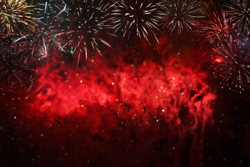 Wall Mural - abstract black, red and gold glitter background with fireworks. christmas eve, 4th of july holiday concept