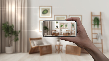 Wall Mural - hand holding smart phone, ar application, simulate furniture and interior design products in real ho