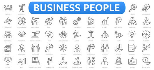 Business people 50 icons set. Human resources, office management - thin line web icon set. Businessman outline icons collection. Outline icons collection.