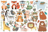 Fototapeta Pokój dzieciecy - Funny Woodland and jungle tribal animals isolated vector set, cute wild forest fox and jungle tribals zoo, Ideal kids design