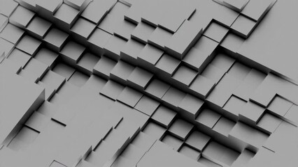 Poster - Surface of squares moving out in waves. Design. Squares are moving above surface. 3D surface with retractable squares. Geometric background