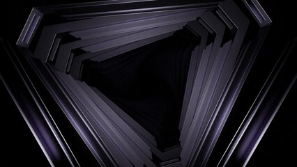 Poster - Triangular 3d tunnel. Design. Moving triangular tunnel with darkness. 3d tunnel with metal triangular walls on background of darkness